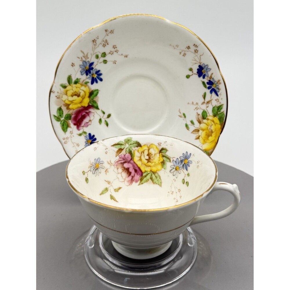 Collingwoods Bone China Footed Tea Cup & Saucer Set England Pink & Yellow Floral